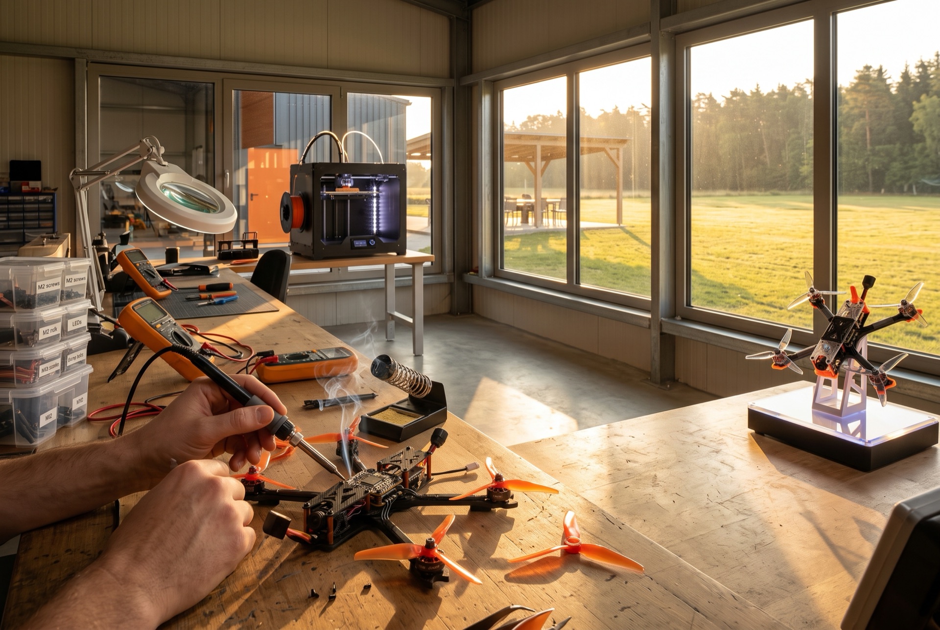 L'atelier : fer à souder sur un drone 5 pouces, multimètres, imprimante 3D, baie vitrée sur le terrain