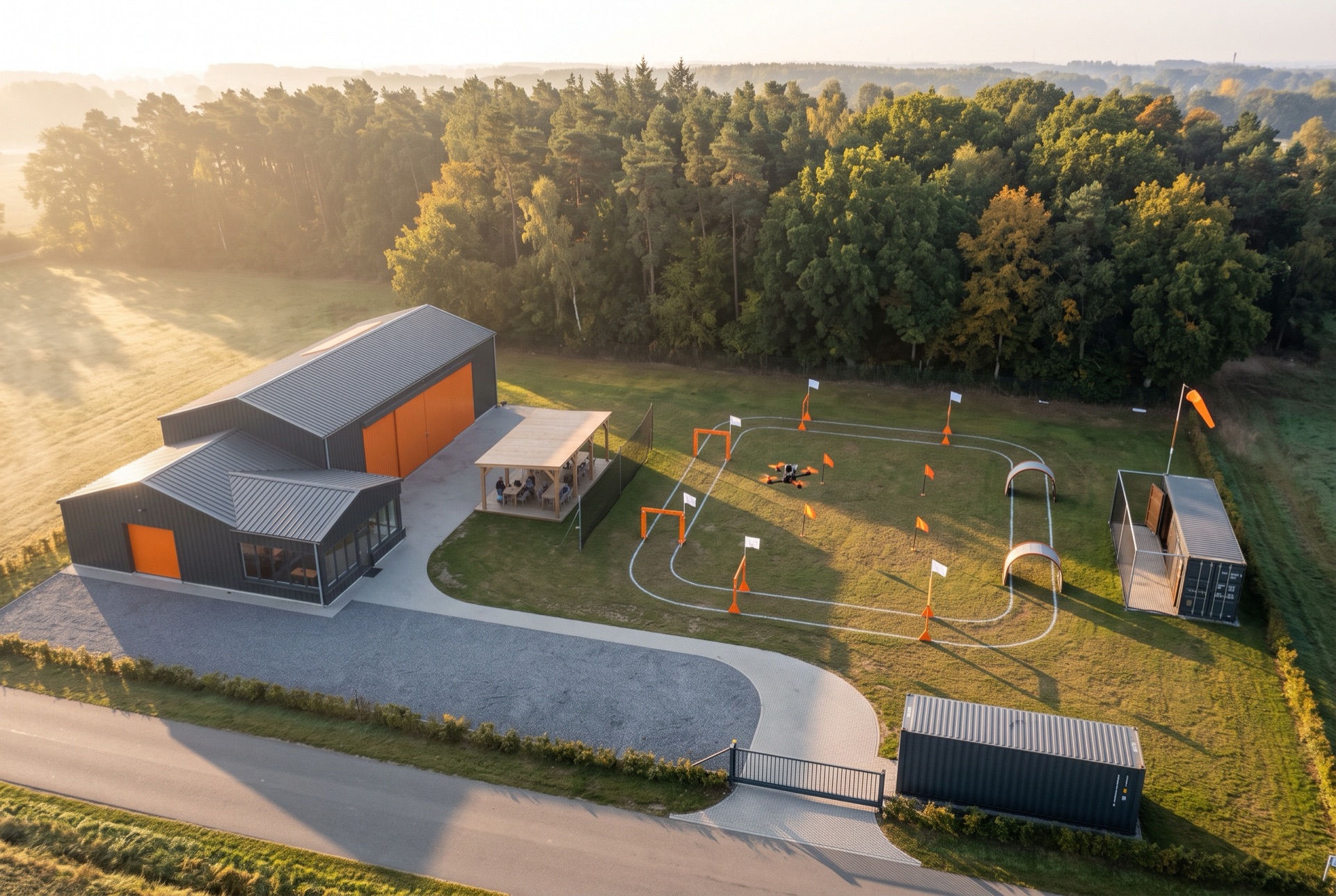 Vue aérienne du centre : hangar à porte orange, poste de pilotage couvert, circuit de portes orange sur l'herbe et lisière d'arbres